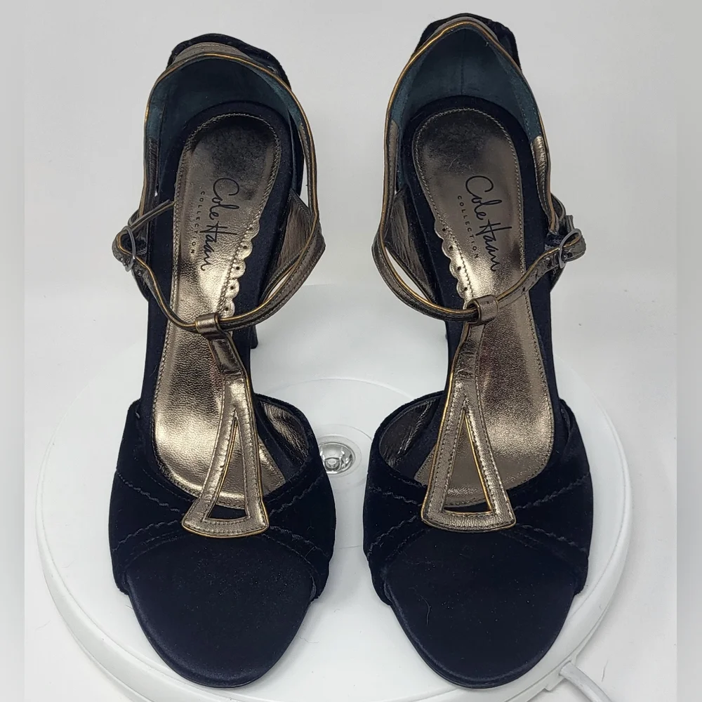Cole Haan Black Velvet & Brassy Gold Open Toe Stilletto T-Strap Heels - Picture 12 of 16